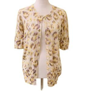 Ann Taylor Yellow Purple White Brush Stroke 3/4 Length Sleeve Cardigan Size L